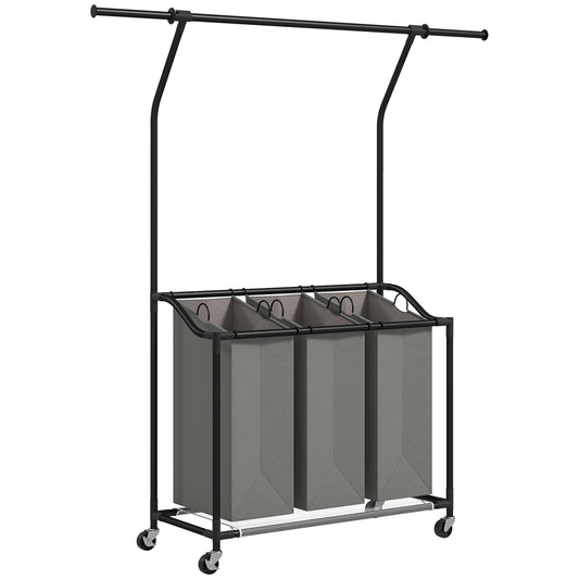 3x 42L Laundry Basket Unit, with Hanging Rail- Black/Grey