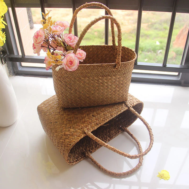 Seaweed Woven Basket Bag – Summer Beach Tote, Handcrafted Flower & Succulent Storage, Women’s Handbag, Boho Summer Bag