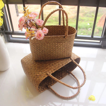 Seaweed Woven Basket Bag – Summer Beach Tote, Handcrafted Flower & Succulent Storage, Women’s Handbag, Boho Summer Bag