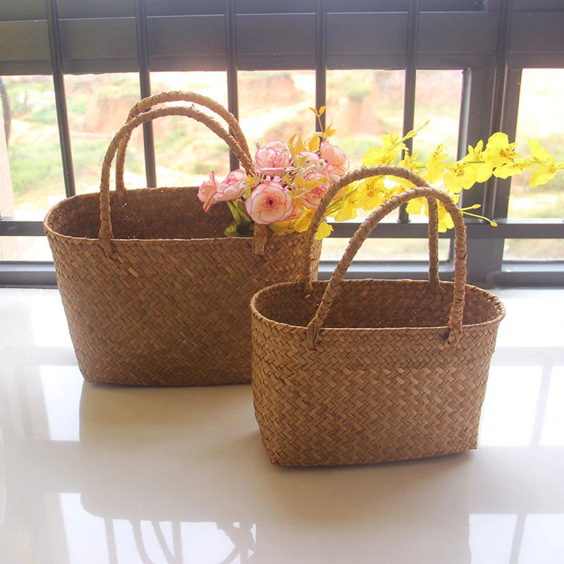 Seaweed Woven Basket Bag – Summer Beach Tote, Handcrafted Flower & Succulent Storage, Women’s Handbag, Boho Summer Bag