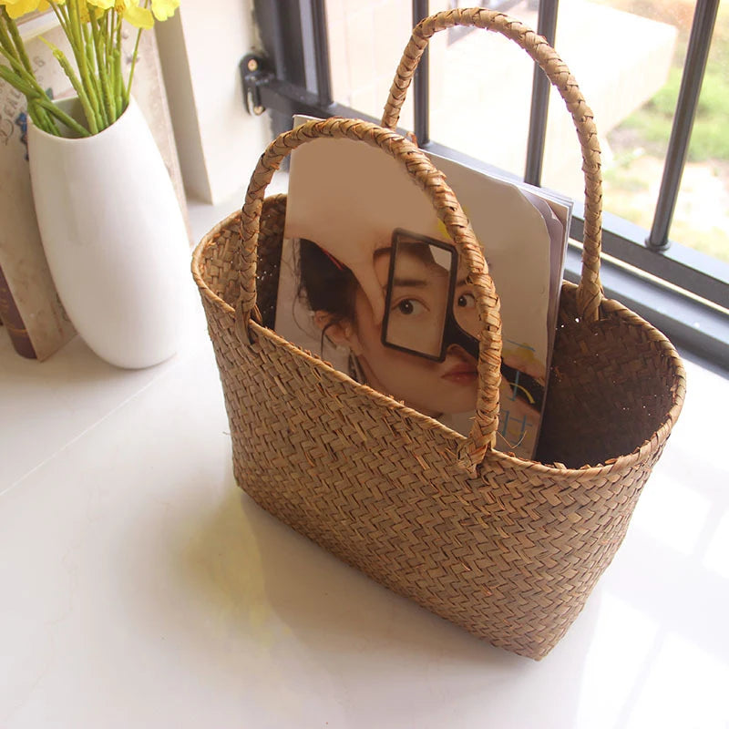 Seaweed Woven Basket Bag – Summer Beach Tote, Handcrafted Flower & Succulent Storage, Women’s Handbag, Boho Summer Bag