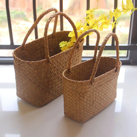 Seaweed Woven Basket Bag – Summer Beach Tote, Handcrafted Flower & Succulent Storage, Women’s Handbag, Boho Summer Bag