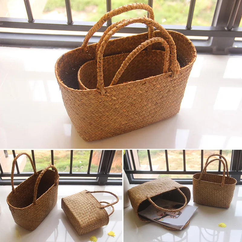 Seaweed Woven Basket Bag – Summer Beach Tote, Handcrafted Flower & Succulent Storage, Women’s Handbag, Boho Summer Bag