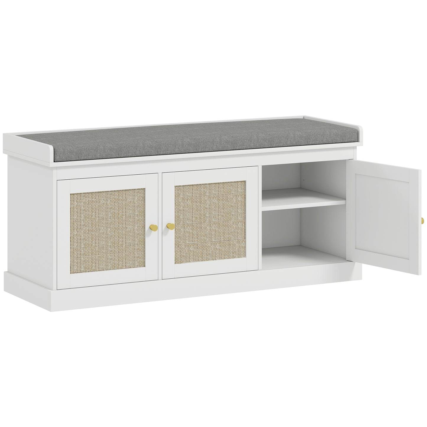 Shoe Storage Bench with Woven Rattan Doors, Seat- White