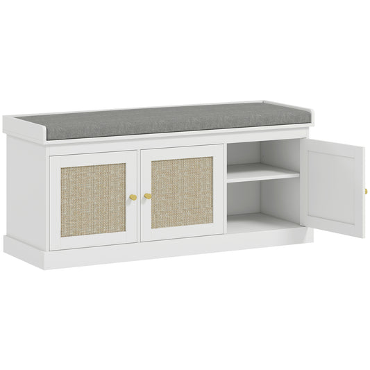 Shoe Storage Bench with Woven Rattan Doors, Seat- White