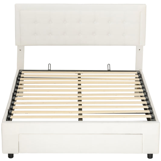 Double Ottoman Bed Frame, with Front Drawer- Cream