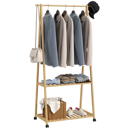 Bamboo Clothes Rack, with Shelves and Hooks- Natural Finish