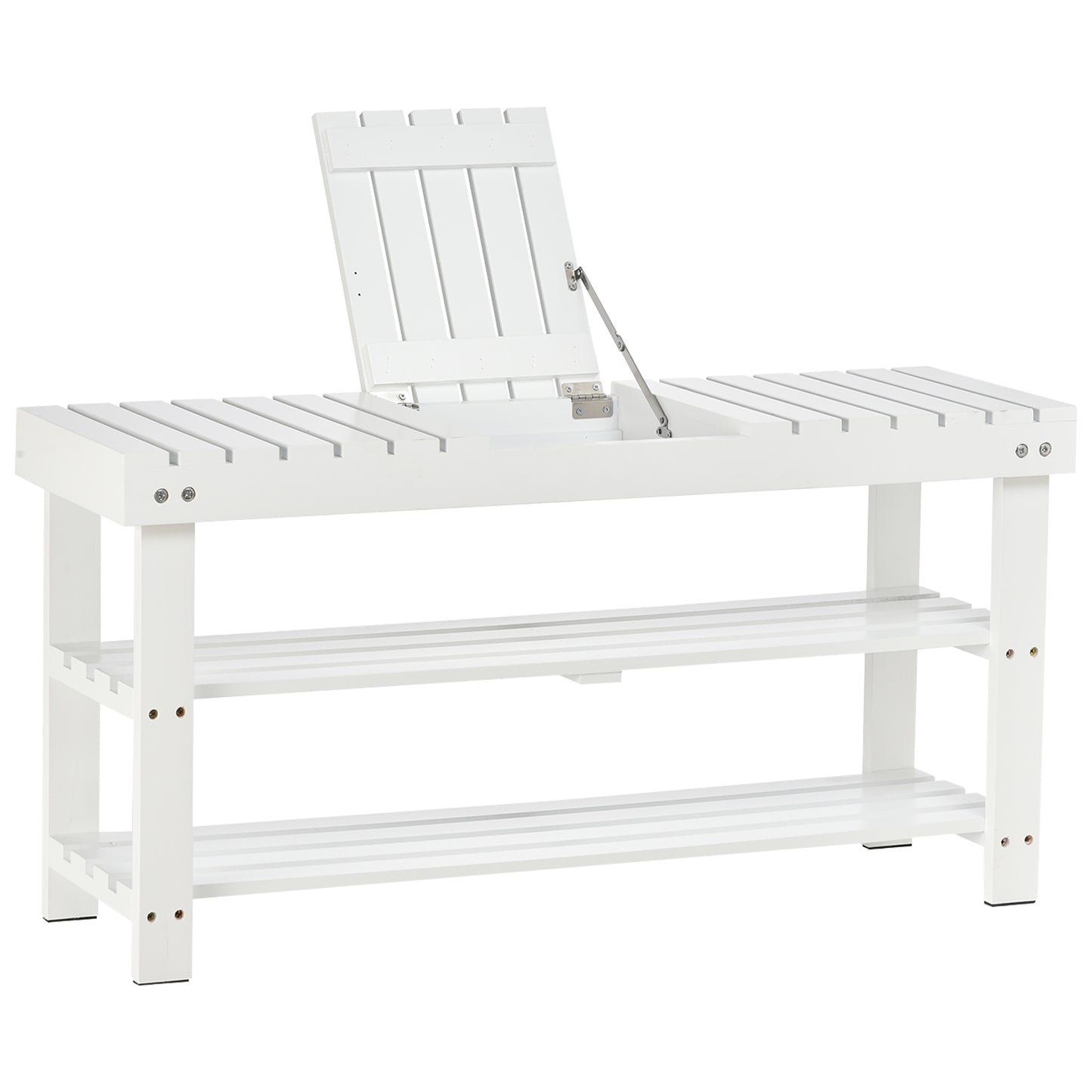 Shoe Bench, 3-Tier Wooden Shoe Rack with Hidden Storage Compartment, Slatted Shelves, Home Storage Unit, Hallway Furniture, White, 90L x 29W x45H cm