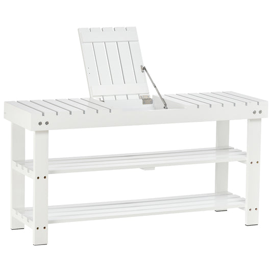 Shoe Bench, 3-Tier Wooden Shoe Rack with Hidden Storage Compartment, Slatted Shelves, Home Storage Unit, Hallway Furniture, White, 90L x 29W x45H cm