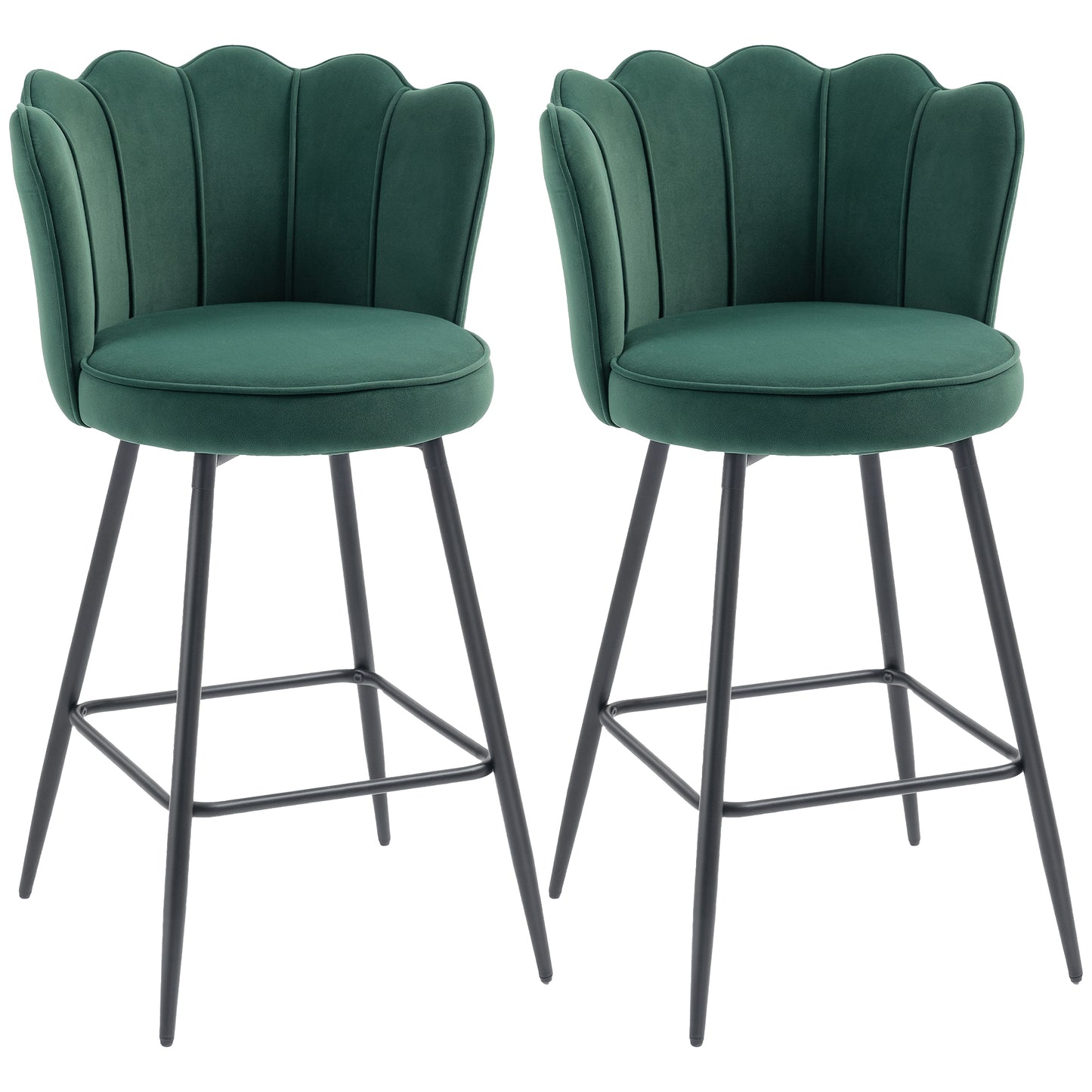 Set of Two Velvet-Feel Lotus Bar Stools- Dark Green