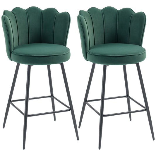 Set of Two Velvet-Feel Lotus Bar Stools- Dark Green