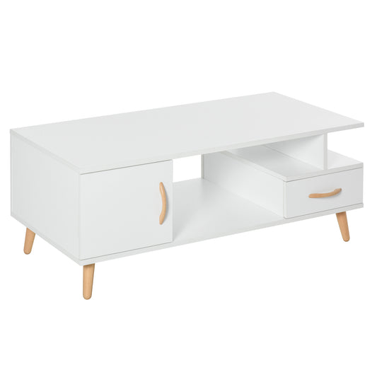 Modern White Cocktail Coffee Table with Storage – 2-Tier Living Room Table with Drawer, Cabinet & Shelf