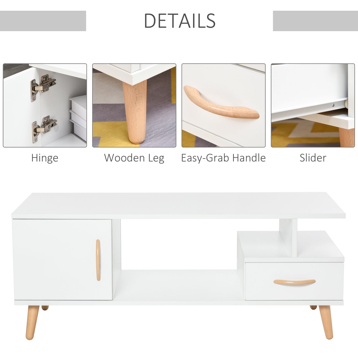 Modern White Cocktail Coffee Table with Storage – 2-Tier Living Room Table with Drawer, Cabinet & Shelf