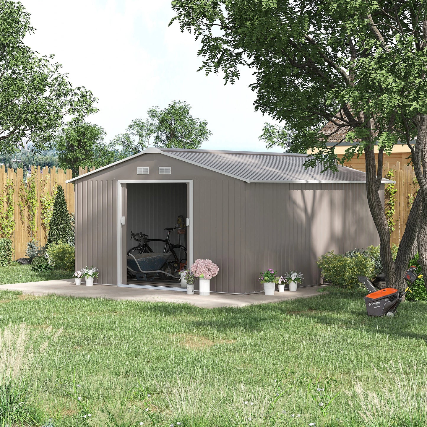 13 x 11ft Garden Metal Storage Shed Outdoor Storage Shed with Foundation Kit Ventilation & Doors, Light Grey