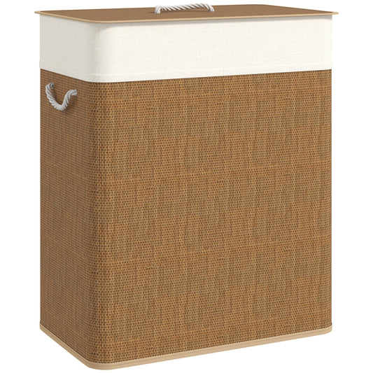 Double Laundry Basket with Lid, 100L Bamboo Laundry Hamper with Rope Handles, Washing Basket with Removable Liner for Bathroom, Bedroom, Brown