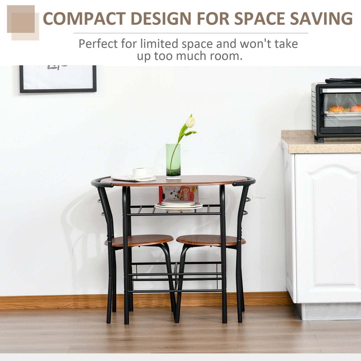 3-Piece Dining Table and Chair Set with Storage Shelf – Industrial Style, Oak & Black