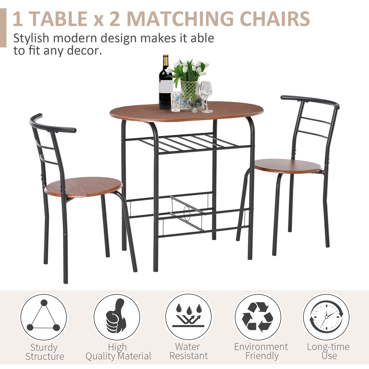 3-Piece Dining Table and Chair Set with Storage Shelf – Industrial Style, Oak & Black