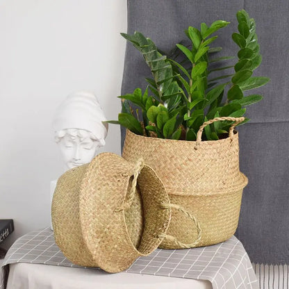 Wicker Storage & Hanging Baskets – Foldable Seagrass Laundry Baskets, Flower Pots & Garden Storage for Home Decor