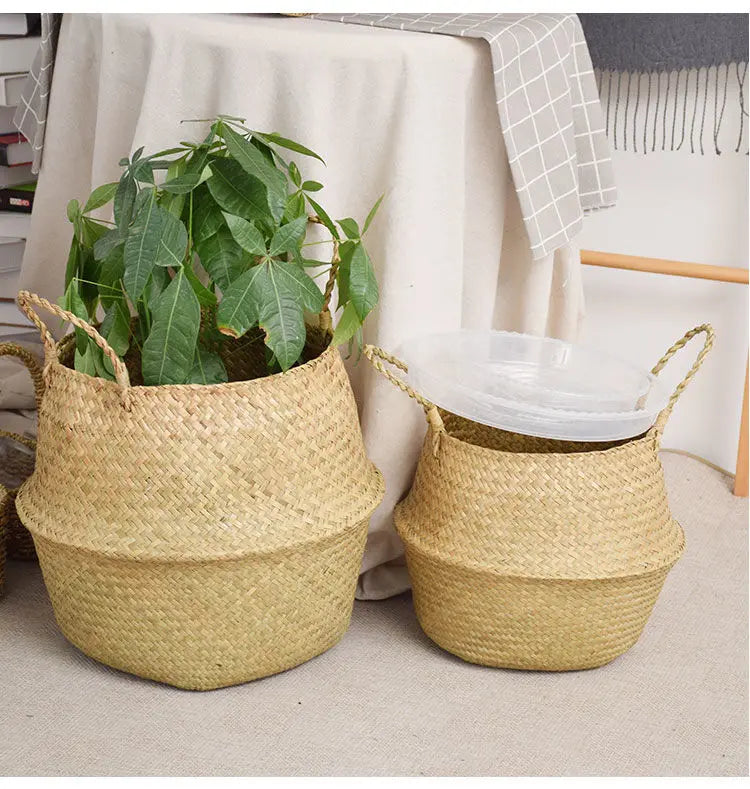 Wicker Storage & Hanging Baskets – Foldable Seagrass Laundry Baskets, Flower Pots & Garden Storage for Home Decor