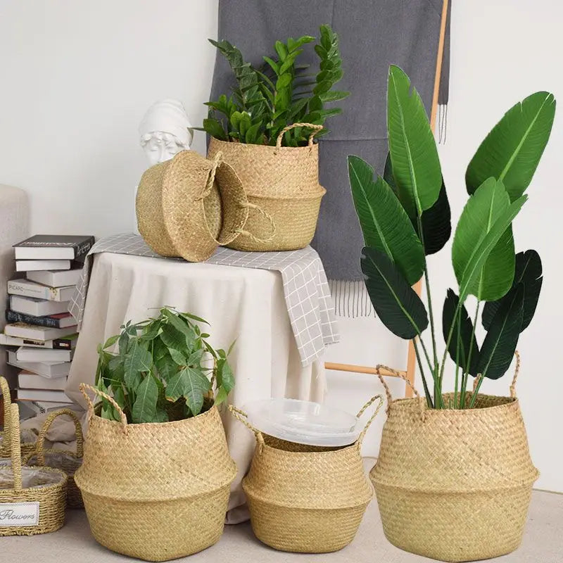 Wicker Storage & Hanging Baskets – Foldable Seagrass Laundry Baskets, Flower Pots & Garden Storage for Home Decor