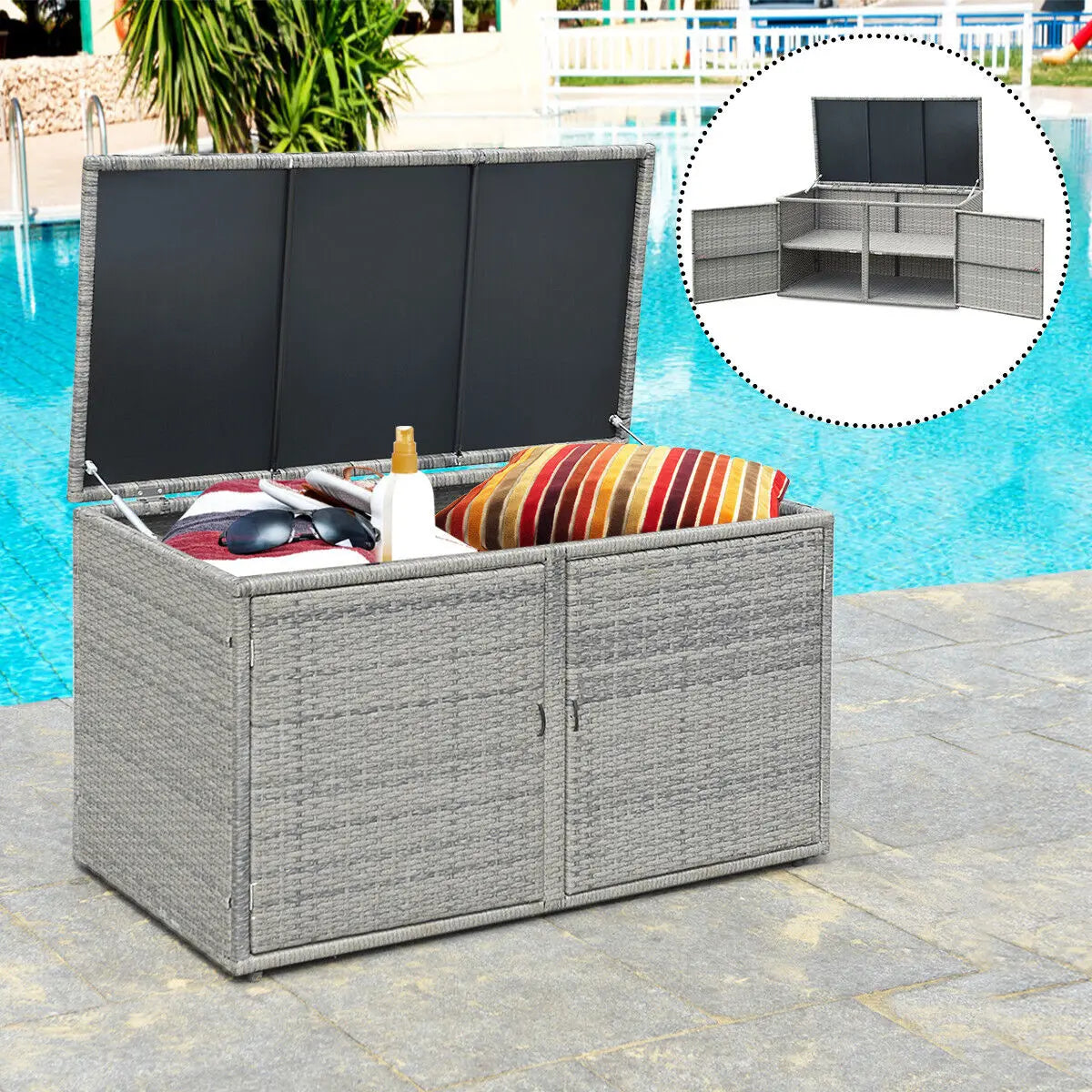 330L Outdoor Rattan Storage Box with Shelves – Weather-Resistant Patio Storage Chest for Cushions, Garden & Poolside