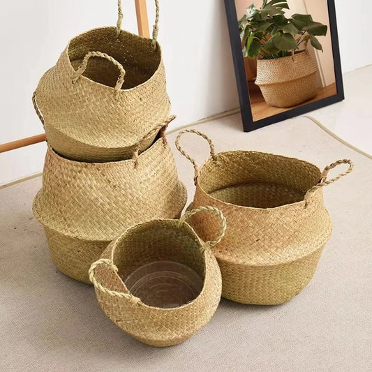 Wicker Storage & Hanging Baskets – Foldable Seagrass Laundry Baskets, Flower Pots & Garden Storage for Home Decor