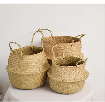 Wicker Storage & Hanging Baskets – Foldable Seagrass Laundry Baskets, Flower Pots & Garden Storage for Home Decor