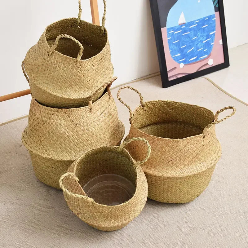 Wicker Storage & Hanging Baskets – Foldable Seagrass Laundry Baskets, Flower Pots & Garden Storage for Home Decor