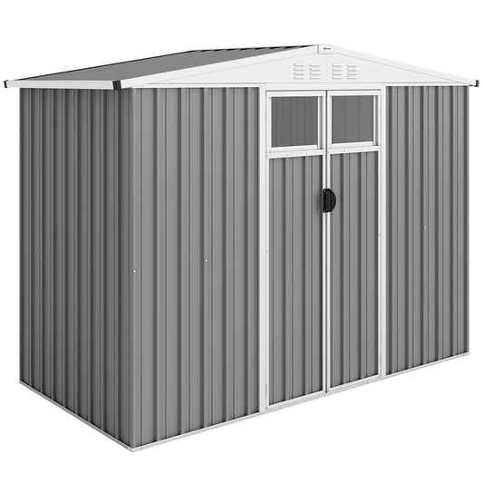 8 x 4 ft Metal Garden Shed, Garden Storage Shed with Window, 4 Vents and Lockable Door, Waterproof Galvanised Steel Tool Storage Shed, Light Grey