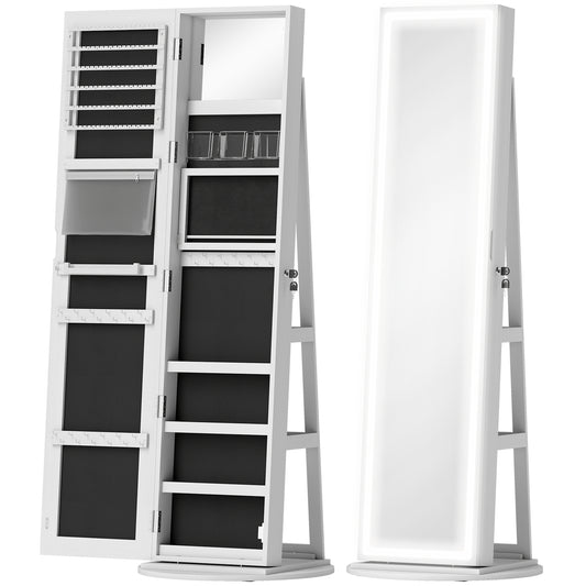 360° Swivel Free Standing Full Length Mirror with lockable Storage  Cabinet with 3 Colour LED Lights, white