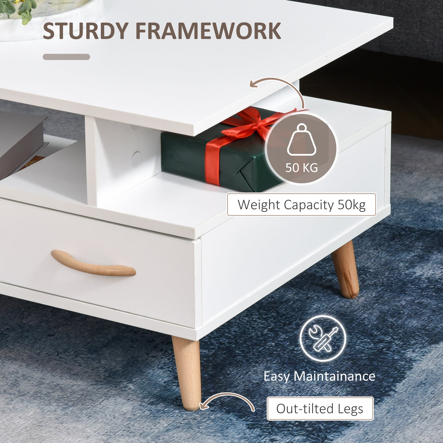 Modern White Cocktail Coffee Table with Storage – 2-Tier Living Room Table with Drawer, Cabinet & Shelf
