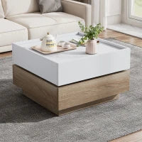 Square Rotating Coffee Table with 2 Drawers and Swivel Top, 2-Tier Centre Table with Storage, 60L x 60W x 38H cm, White+Oak