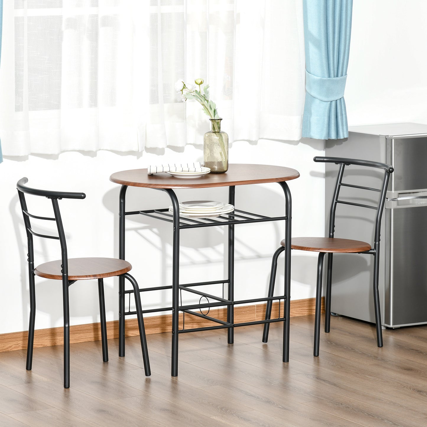 3-Piece Dining Table and Chair Set with Storage Shelf – Industrial Style, Oak & Black