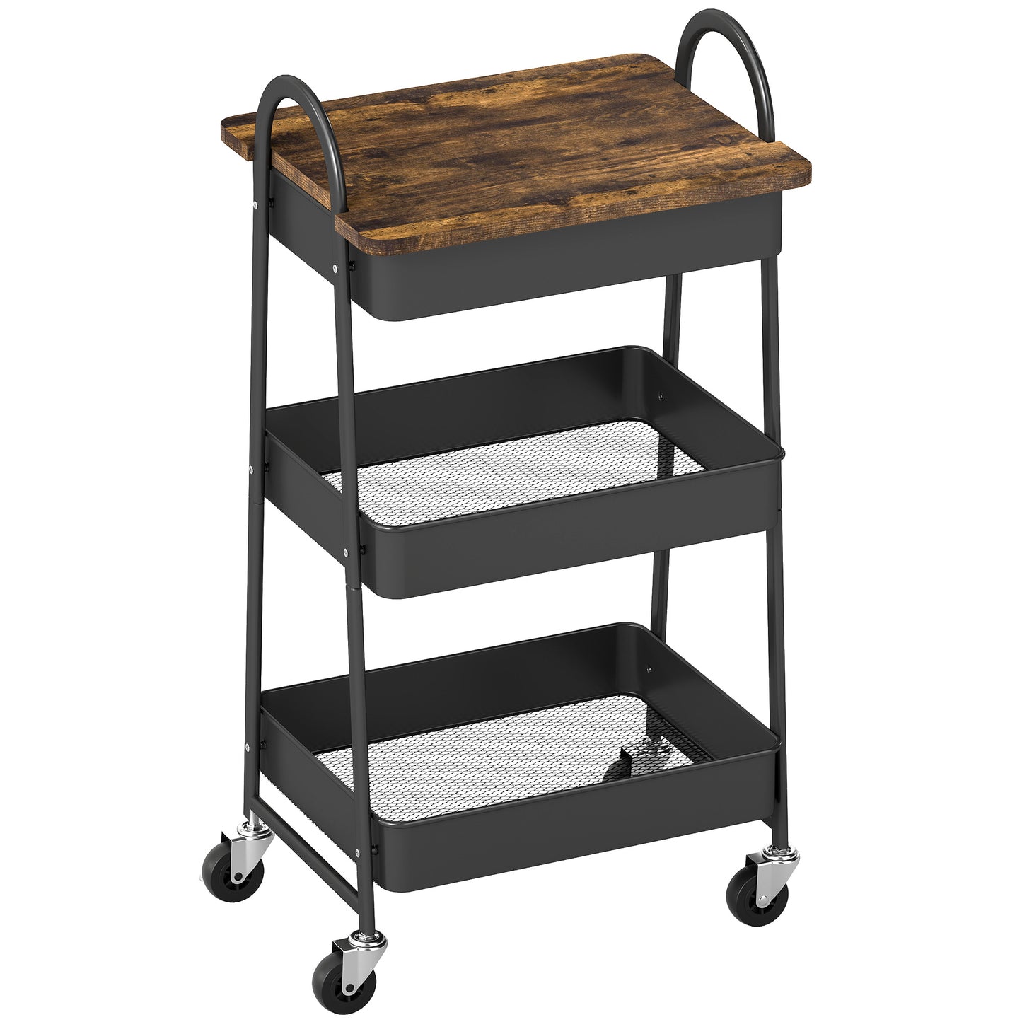 3-Tier Kitchen Storage Trolley with on Wheels Cover Top Board- Rustic Brown and Black