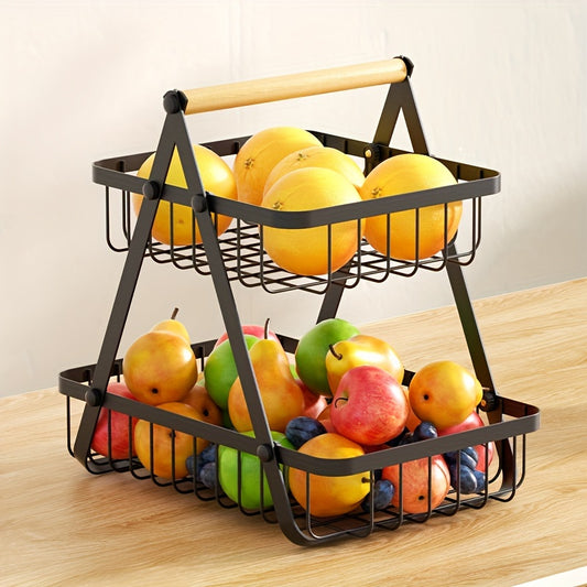 2/3 Tier Metal Wire Storage Basket – Countertop Organizer with Wooden Handle for Bathroom & Home