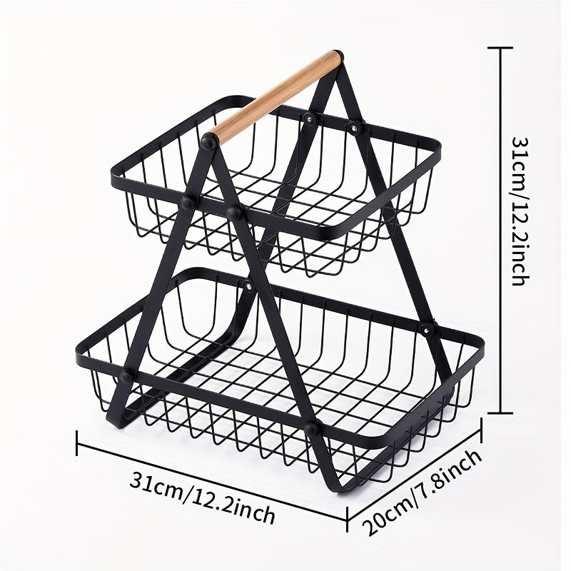 2/3 Tier Metal Wire Storage Basket – Countertop Organizer with Wooden Handle for Bathroom & Home