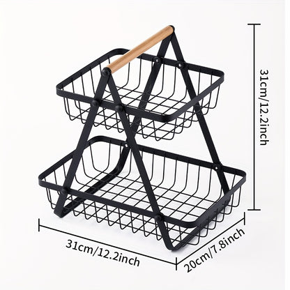 2/3 Tier Metal Wire Storage Basket – Countertop Organizer with Wooden Handle for Bathroom & Home