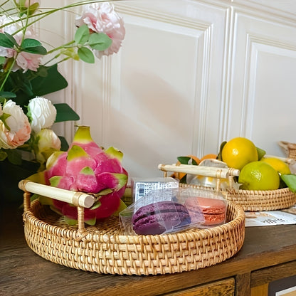 Handmade Rattan Tray – Round Woven Storage Basket with Handles for Tea, Fruit & Decor