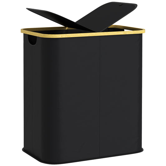 Double Laundry Basket With Lid, 80L Collapsible Laundry Hamper with Groove Handles, Washing Basket for Bathroom, Bedroom, Laundry Room, Black