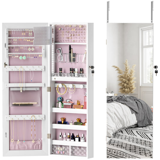108 x 37cm Lockable Jewellery Cabinet, with LED Lights- White Surface and Pink Lining