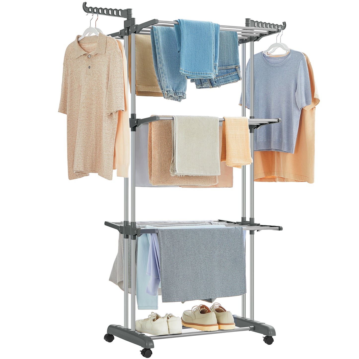 Large Clothes Airer, Foldable Clothes Drying Rack Laundry 4-Tier, Moveable Clothes Horse