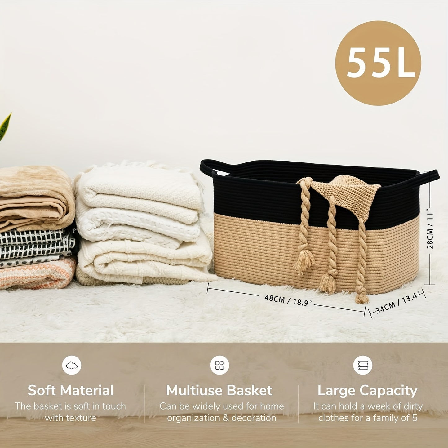 Large Woven Rope Storage Basket – 55L Laundry Hamper, Toy Bin & Home Organizer with Handles