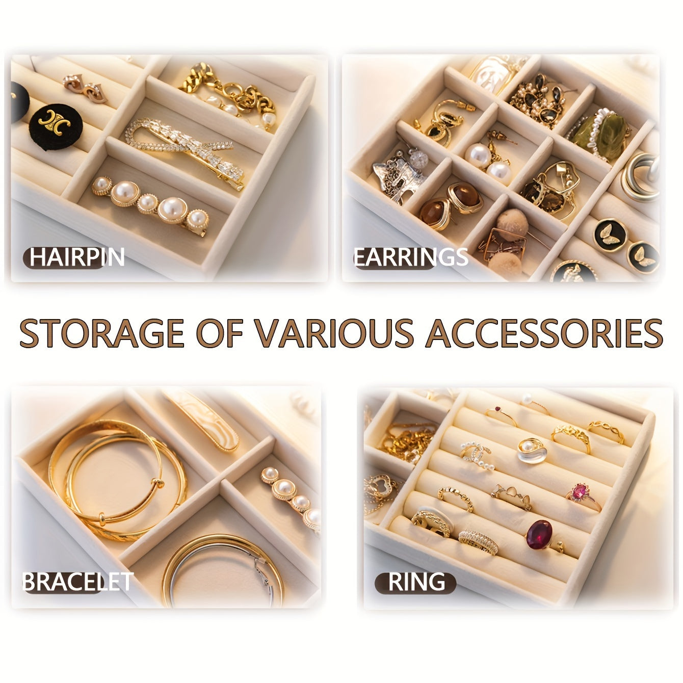 4pcs Velvet Jewelry Storage Rack – Multi-Grid Display Boards for Rings, Earrings & Accessories