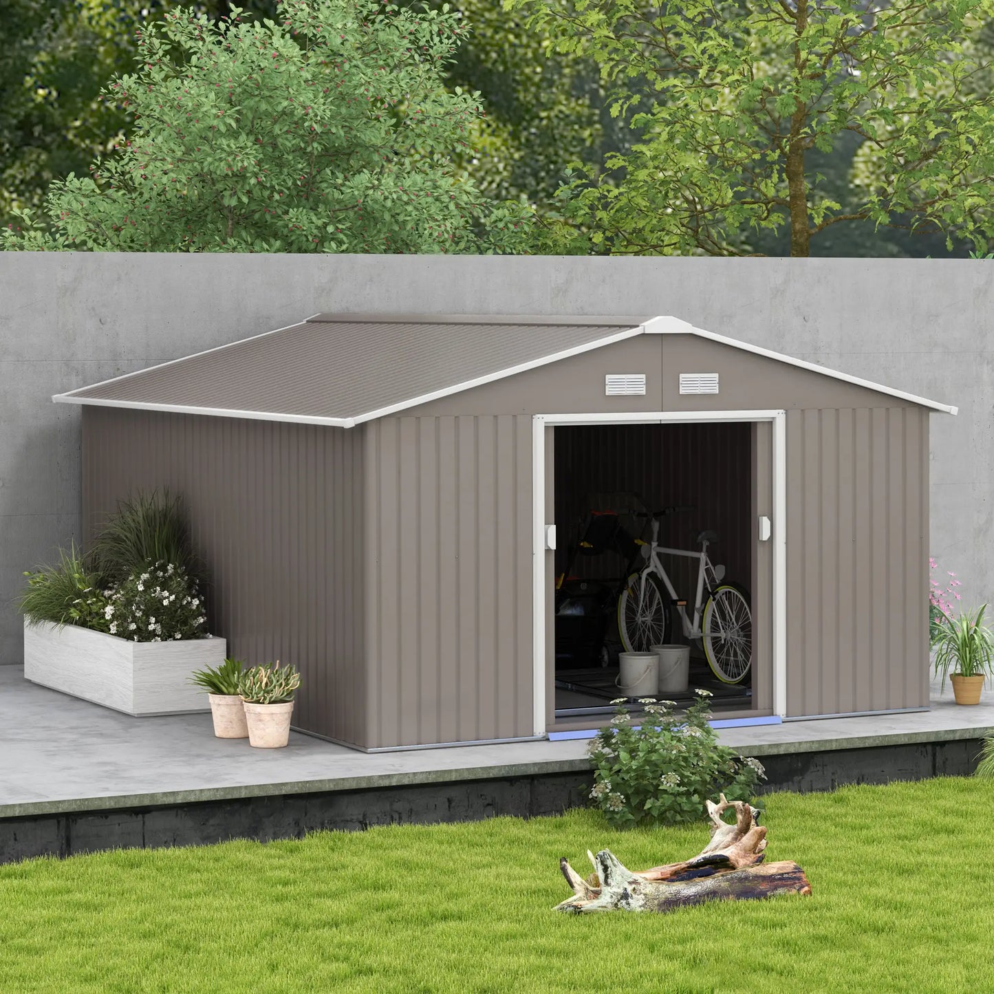 13 x 11ft Garden Metal Storage Shed Outdoor Storage Shed with Foundation Kit Ventilation & Doors, Light Grey