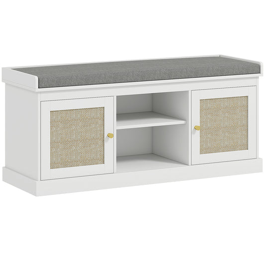 Boho Shoe Storage Bench with Padded Cushion and Rattan Doors- White