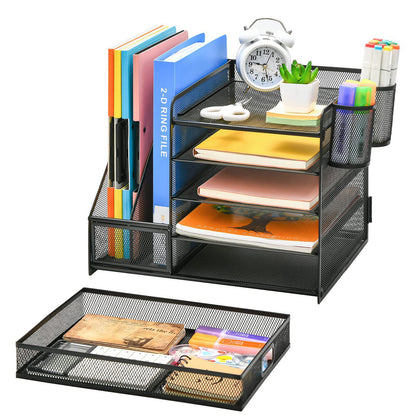 5-Tier Desk Organizer with Drawer & Pen Holders – Metal Mesh File Holder, Paper Letter Tray & Magazine Rack for Office Supplies
