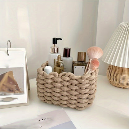 Woven Cosmetic Storage Basket – Portable Cotton Rope Organizer for Makeup, Desktop, and Home