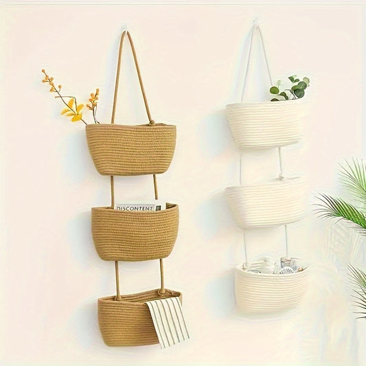 1pc 2/3-Tier Rope Woven Hanging Basket – Detachable Decorative Organizer for Living Room, Bathroom & Bedroom