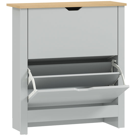 Slim Shoe Cabinet, Narrow Shoe Cupboard with 2 Flip Drawers, Adjustable Shelves for 12 Pairs of Shoes, Light Grey