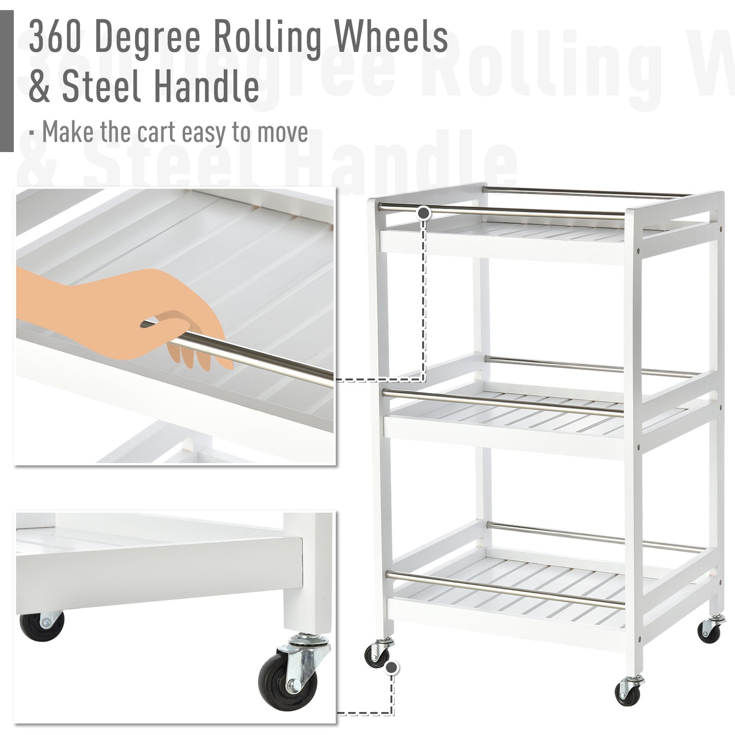 3-Tier Home Trolley Kitchen Storage Cart with Steel Bars & 4 Universal Wheels